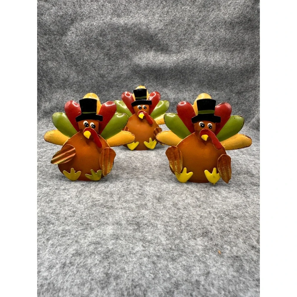 Set of 6 Metal Turkey Napkin Rings Thanksgiving Fall Harvest Table Decor Top Hat